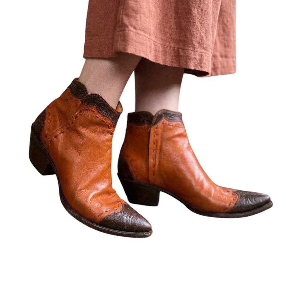 Tres Outlaws Womens Western Hand Tooled Zorro Leather Boots Whipstitch Brown 8.5